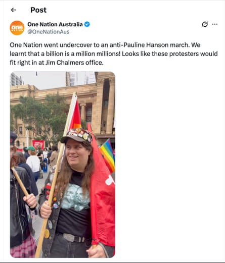 A post on X by One Nation features protester Che Janz at a rally in Brisbane.Photograph: One Nation/X