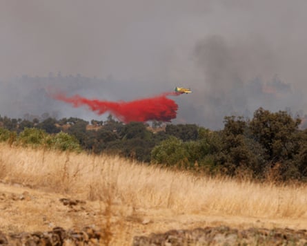A plane drops retardant over a wildfire in Aznalcollar, Spain.Photograph: Marcelo del Pozo/Reuters