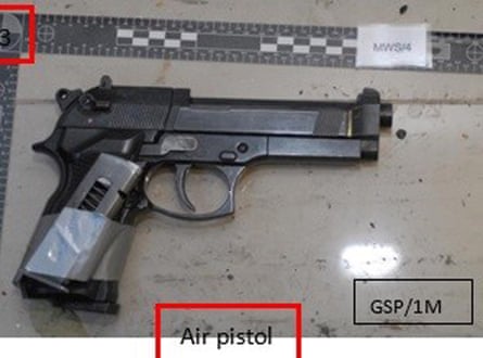 An imitation handgun with an empty magazine strapped to it that was found in Naweed Ali’s car.Photograph: West Midlands police/PA