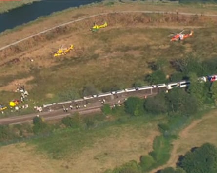 An aerial photograph of the derailment site.Photograph: BBC News