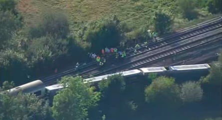 The derailed train near Lewes.Photograph: BBC News
