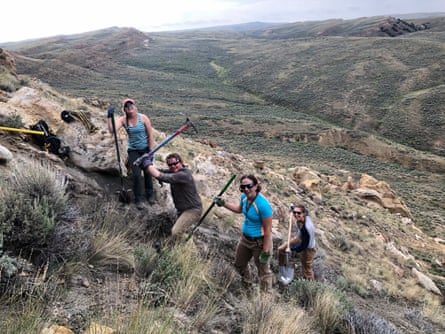 The field crew excavating a trench through PETM strata in the Hanna Basin, Wyoming.Photograph: Marieke Dechesne, USGS