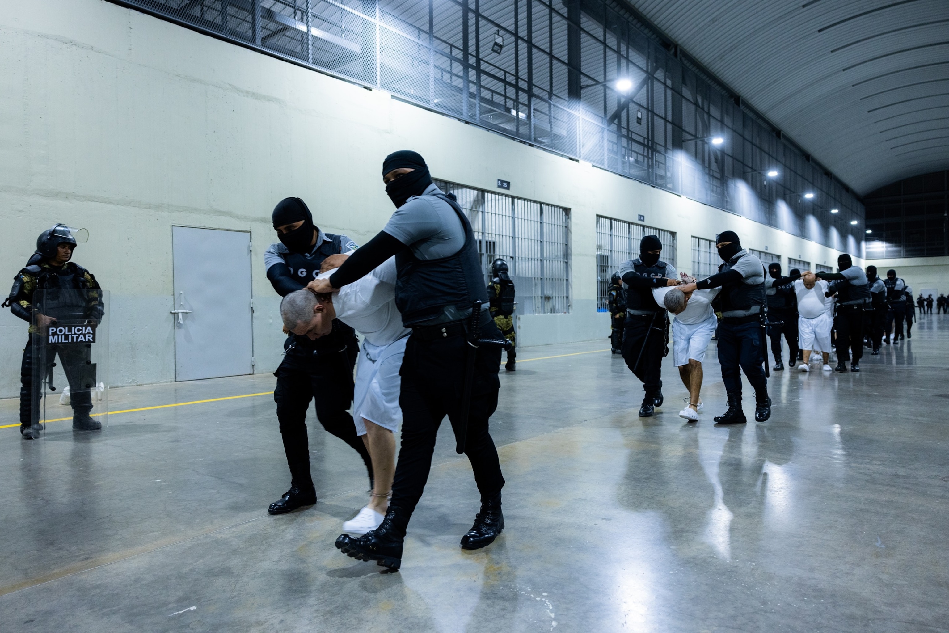 17 alleged members of Venezuela's Tren de Aragua gang and members of the MS-13 gang, who were deported to El Salvador by the US in San Salvador, El Salvador, March 31, 2025.El Salvador Press Presidency Office/Anadolu via Getty Images