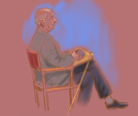 A court sketch shows Alan Jones taking notes during his trial.Photograph: Rocco Fazzari/AAP