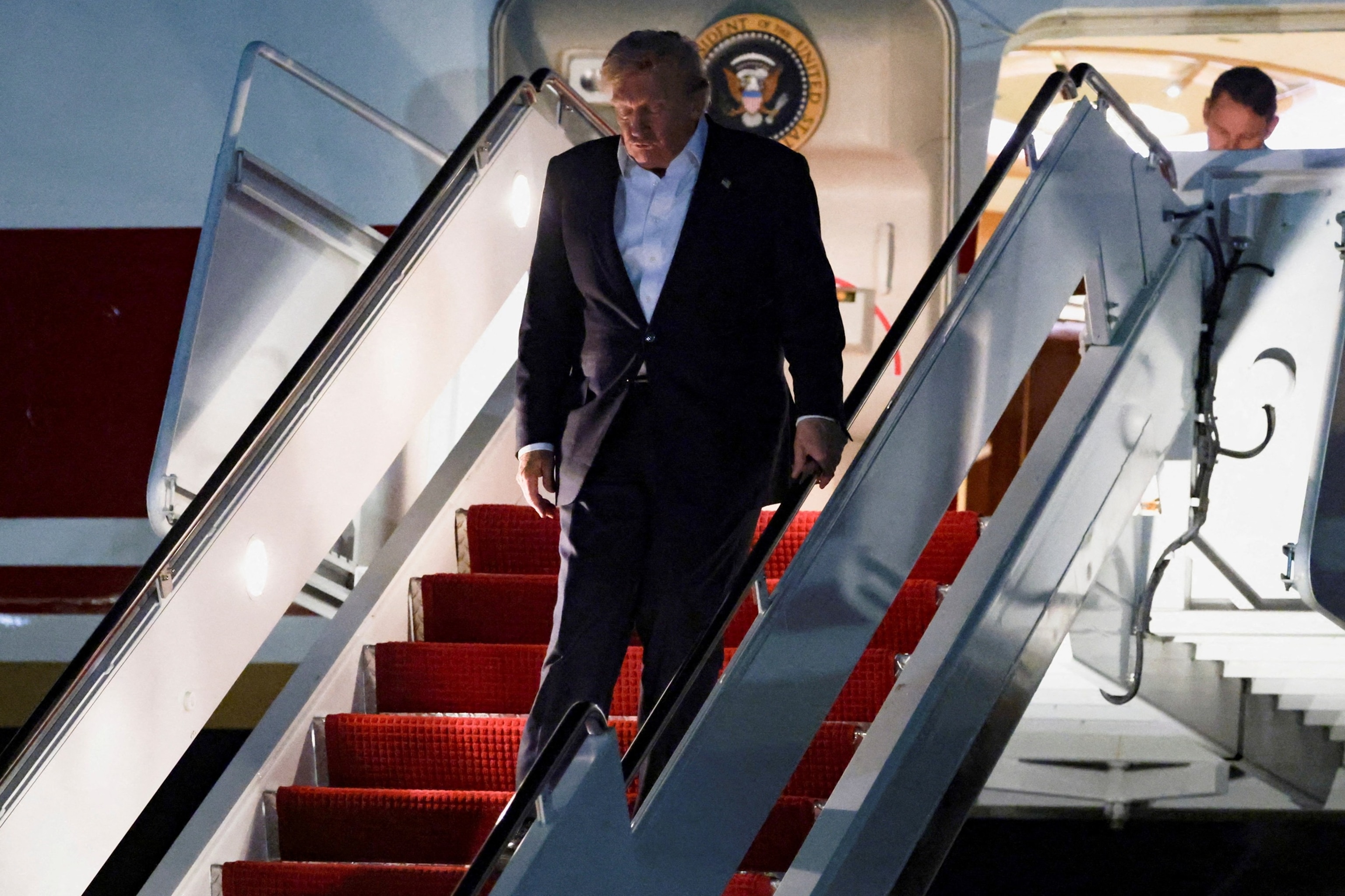 FILE PHOTO: U.S. President Donald Trump arrives aboard the new Qatari-gifted Air Force One, as he returns to Washington after participating in a NATO leaders' summit in Turkey, at Joint Base Andrews, Maryland, U.S., July 9, 2026.Jonathan Ernst/Reuters
