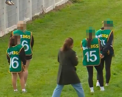 A screenshot of the Bet365 charity running race at Terang Racing Club in April, broadcast on Racing.com.Photograph: Racing.com