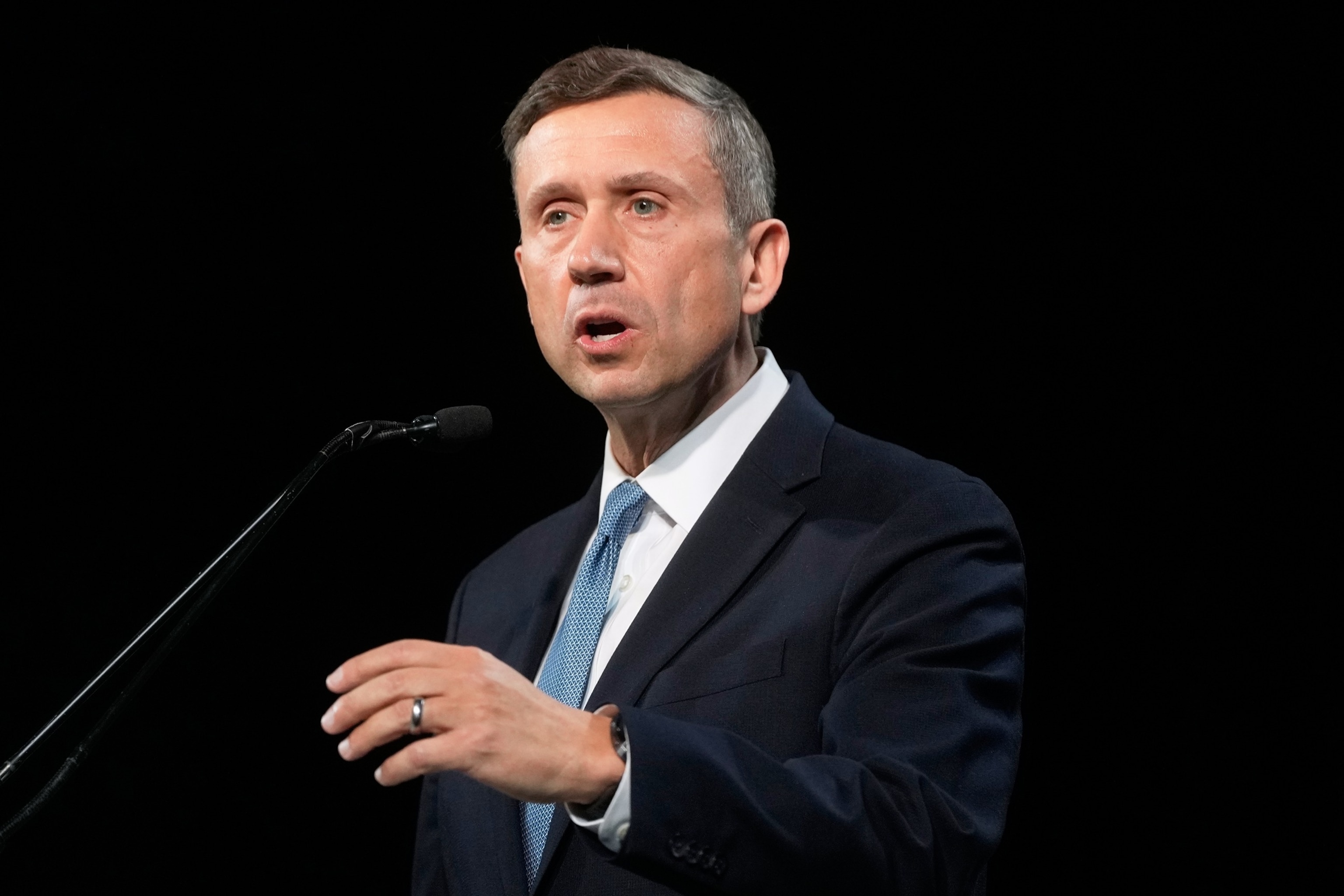 Ken Martin speaks at the 2026 California Democratic Party State Convention in San Francisco, Feb. 21, 2026.Jeff Chiu/AP