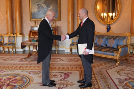 Uran Ferizi presents his credentials to King Charles at Buckingham Palace in May 2024. The Albanian ambassador has accused the rightwing media of demonising the Albanian community in the UK.Photograph: Yui Mok/AFP/Getty Images