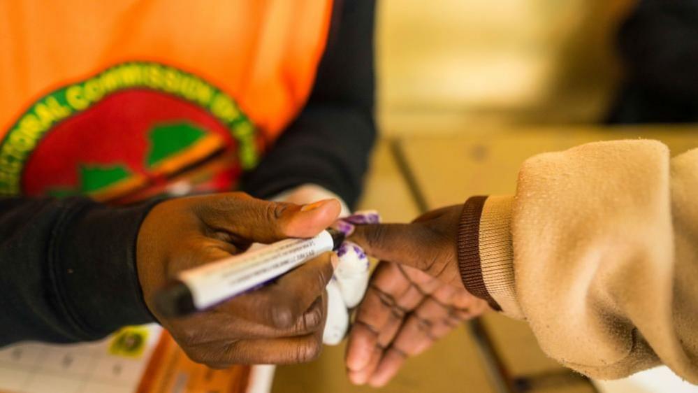 Image caption,Officials marked voters' thumbnails with indelible ink to make sure they do not try to vote again