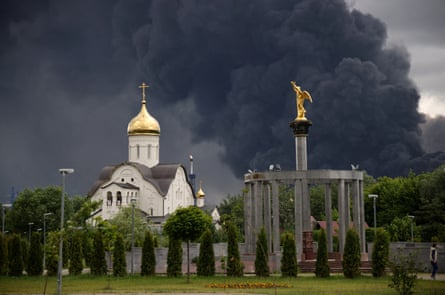 Smoke rises from an oil refinery after a Ukrainian drone attack in Moscow, 18 June 2026.Photograph: Social Media/Reuters