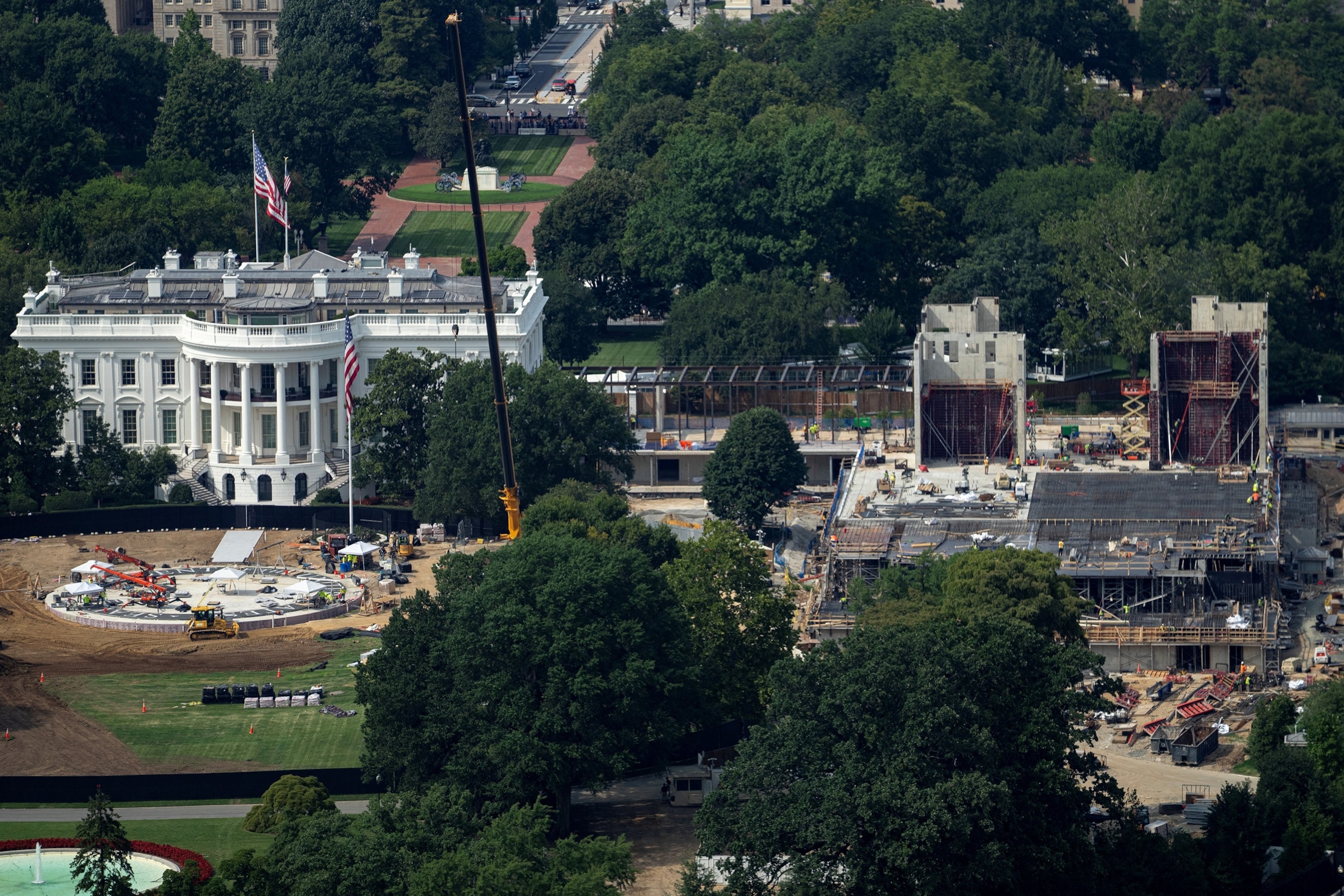 Construction of a helipad and ballroom at the White House, as seen from a window at the Washington Monument, in Washington, August 13, 2026.Nathan Howard/Reuters