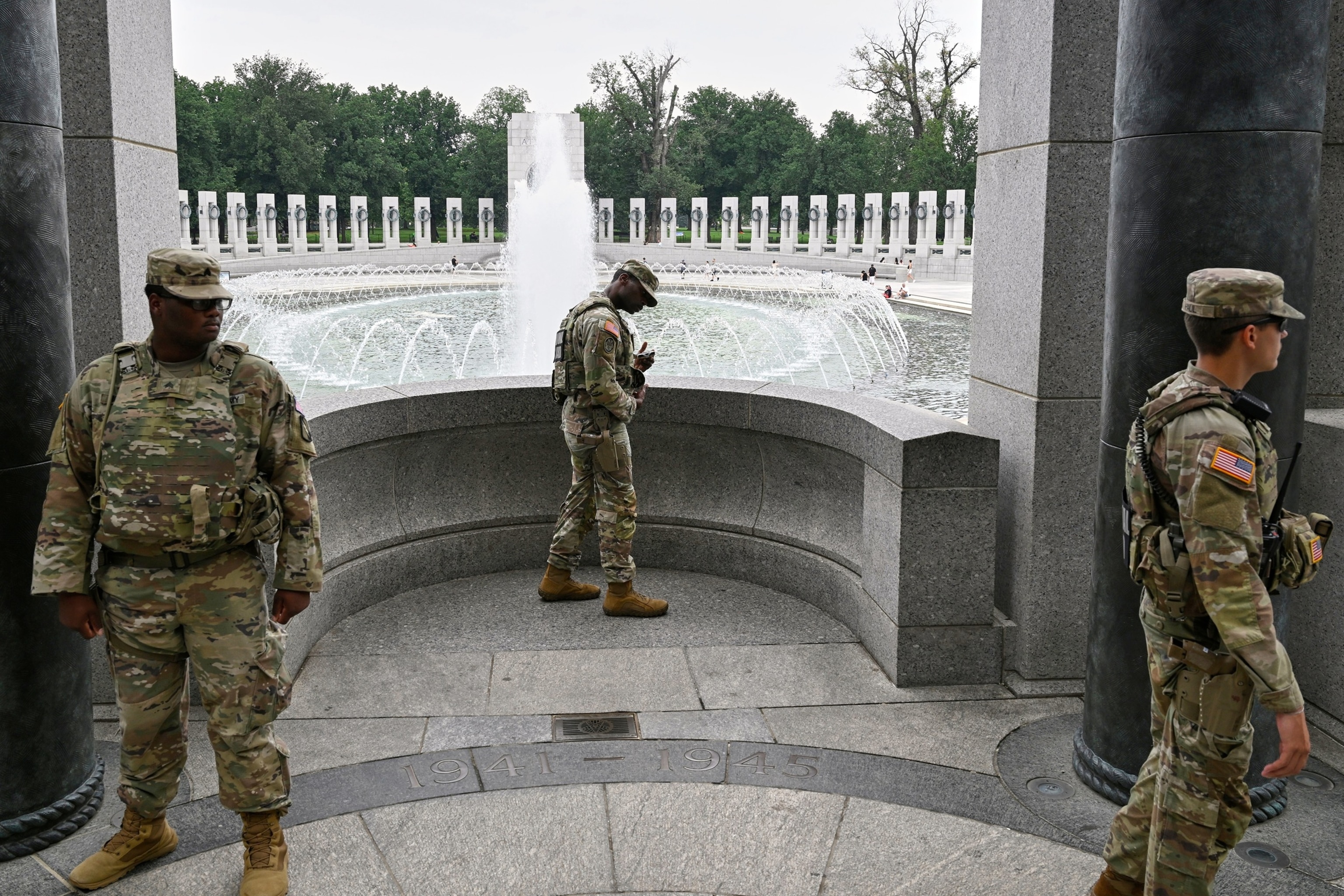 National Guard troops patrol the WWII Memorial the morning after it was vandalized, Aug. 14, 2026, in Washington.John McDonnell/AP Photo