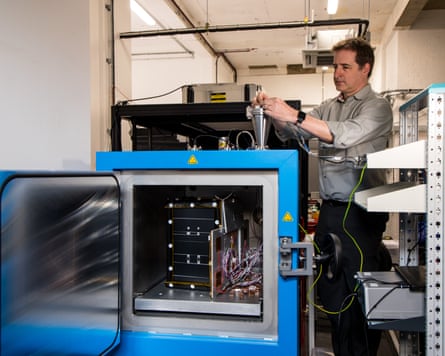 A representative model of the CosmoCube undergoing tests. The 21cm line is the radio frequency signal emitted by neutral hydrogen atoms in the early universe.Photograph: RAL Digital Creative Services./STFC - UKRI