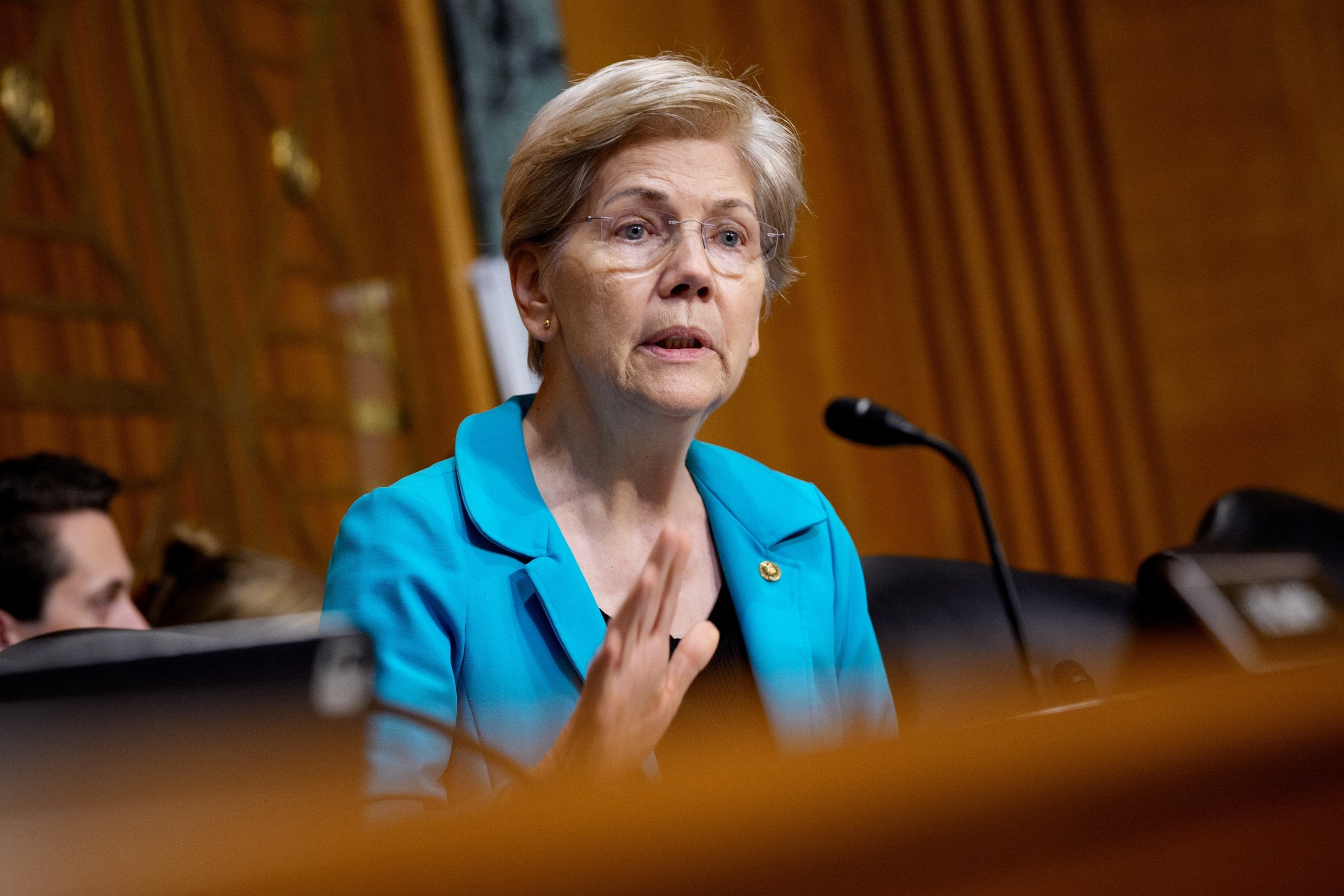 Sen. Elizabeth Warren speaks to U.S. Trade Representative Jamieson Greer as he appears at a Senate Finance Committee hearing, July 22, 2026.Andrew Harnik/Getty Images