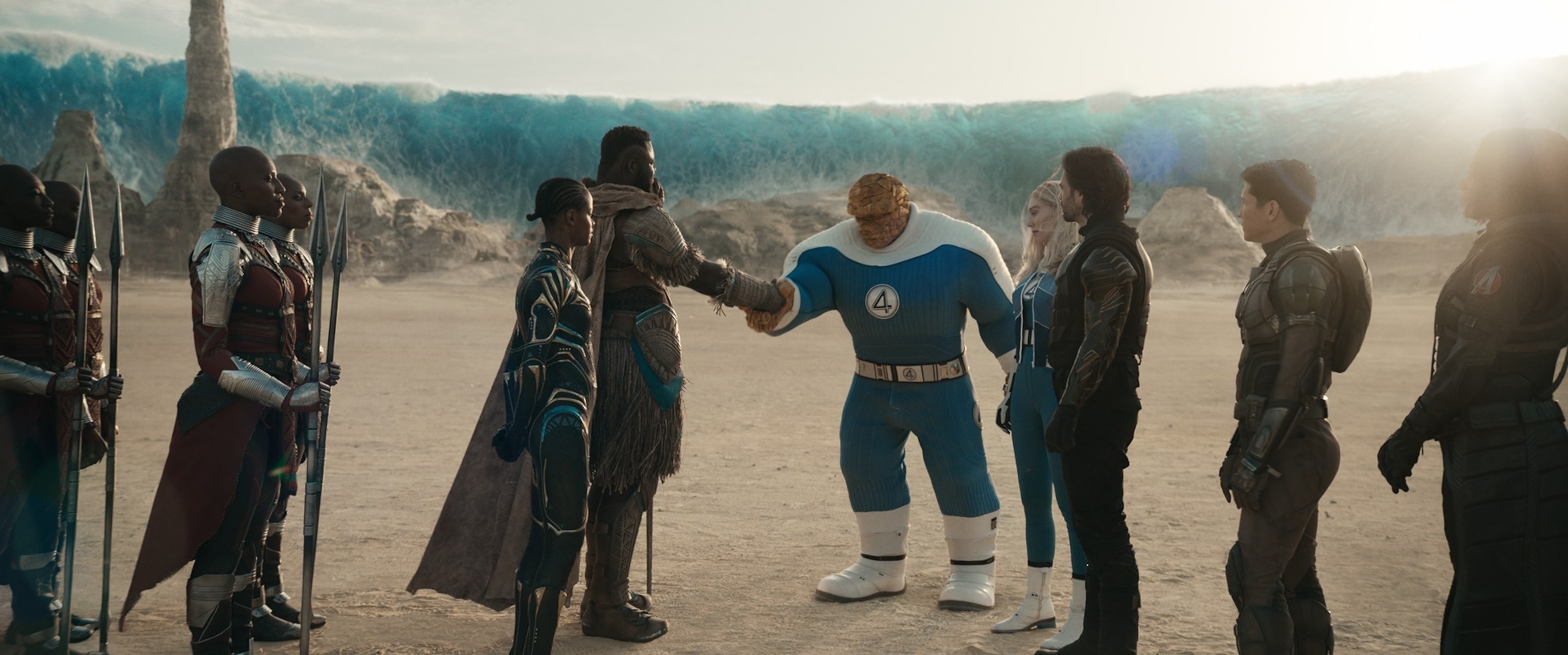 (L-R) The Dora Milaje, Shuri (Letitia Wright), MâBaku (Winston Duke), Ben Grimm/The Thing (Ebon Moss-Bachrach), Sue Storm/Invisible Woman (Vanessa Kirby), Bucky Barnes/Winter Soldier (Sebastian Stan), Joaquin Torres/Falcon (Danny Ramirez), and Ava/Ghost (Hannah John-Kamen) in Marvel's "Avengers: Doomsday."Marvel