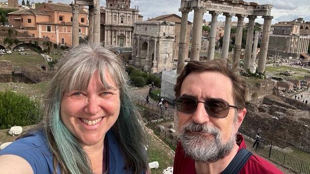 Image caption,Lynda and Joe Rousseau explored ancient Roman ruins in Italy after cancelling a cruise that would have began in New York