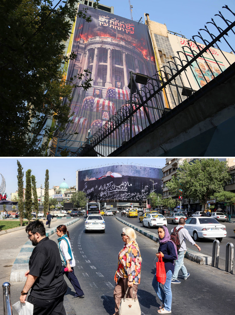 Above: An image depicts the White House in flames with "blood for blood, an eye for an eye" written in Persian and Hebrew. Below: In Enghelab Square last month, a giant billboard appeared featuring Trump lying in a casket.Fatemeh Bahrami  / AFP / Anadolu via Getty Images