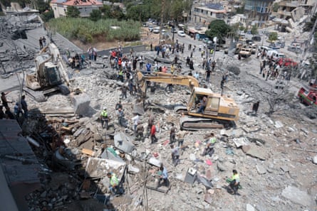 An aerial view of the damage in Deir al-Zahrani after an Israeli warplane carried out an airstrike in southern Lebanon.Photograph: Abdul Kader Al Bay/Zuma Press Wire/Shutterstock