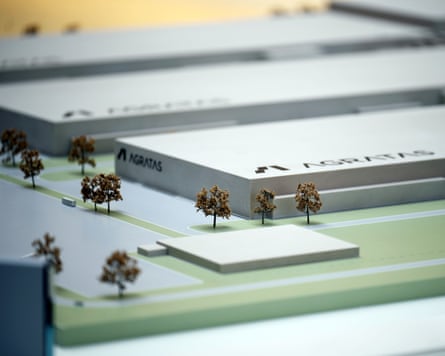 A model of a battery factory that Jaguar Land Rover’s sister company Agratas plans to build in Somerset.Photograph: Christopher Furlong/PA