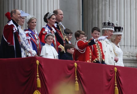 Members of the royal family stand on the Buckingham Palace balcony after King Charles and Queen Camilla’s coronation ceremony in 2023.Photograph: Henry Nicholls/Reuters