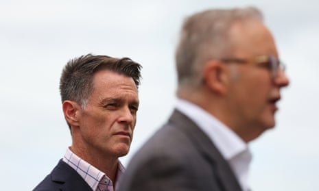 NSW premier Chris Minns looks on as Anthony Albanese speaks at a press conference in January.Photograph: Jeremy Ng/AAP