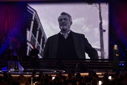 Heather Mitchell pays tribute to Sam Neill onstage at the Logies.Photograph: James Gourley/Getty Images for TV WEEK