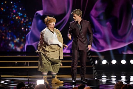 Magda Szubanski in character as her Kath & Kim role Sharon Strzelecki with Robert Irwin onstage.Photograph: James Gourley/Getty Images for TV WEEK