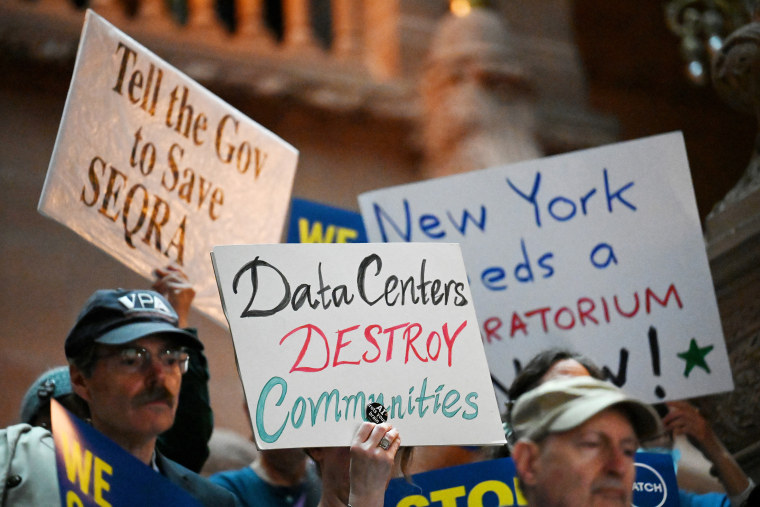 Environmental advocates and progressive lawmakers hold a rally in support of legislation that would put a moratorium on new data centers in New York.Will Waldron / Albany Times Union via Getty Images file