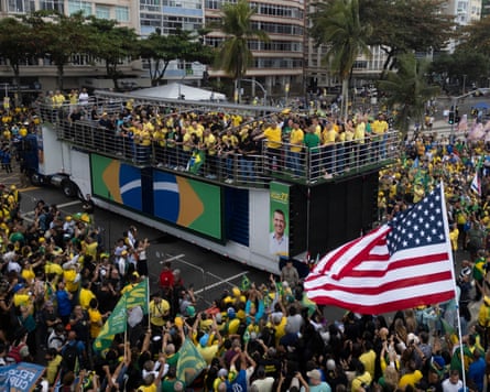 Flávio Bolsonaro’s campaign launch event on Sunday. Donald Trump’s administration has increasingly asserted its leadership over the region and recently designated Brazil’s two biggest organised crime groups as terrorist organisations.Photograph: Bruna Prado/AP