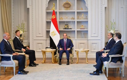 The Egyptian president, Abdel Fatah al-Sisi, receives Jared Kushner in New Alamein, Egypt, on Sunday, in the presence of the foreign minister, Badr Abdelatty, and general intelligence service chief, Hassan Rashad.Photograph: Egyptian President Office/APAImages/Shutterstock