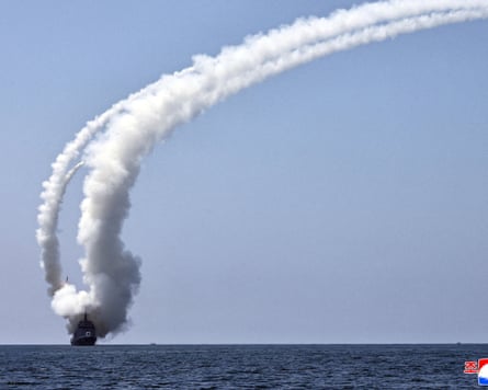 North Korean naval destroyer Kang Kon fires a missile in tests at an unknown location last month.Photograph: KCNA/Reuters