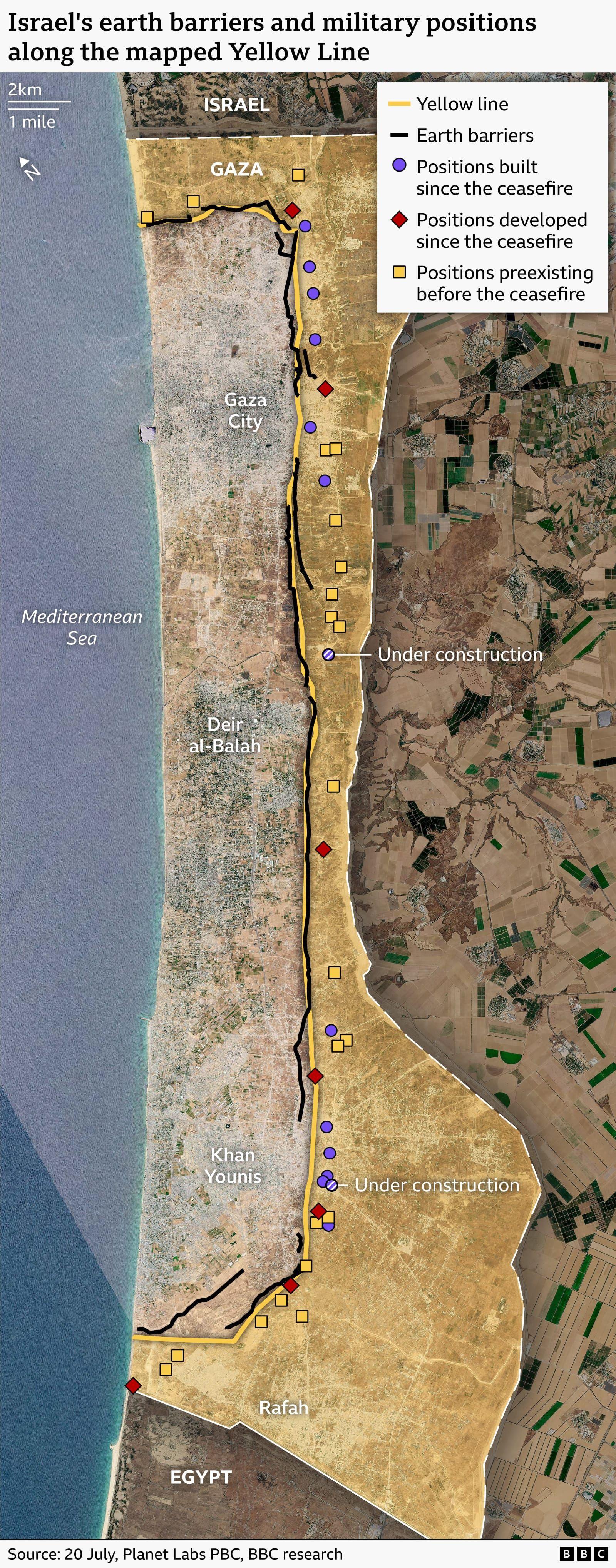 Image caption,Israel does not want to withdraw troops from the so-called Yellow Line - which demarcates the area it controls in Gaza - before Hamas is disarmed