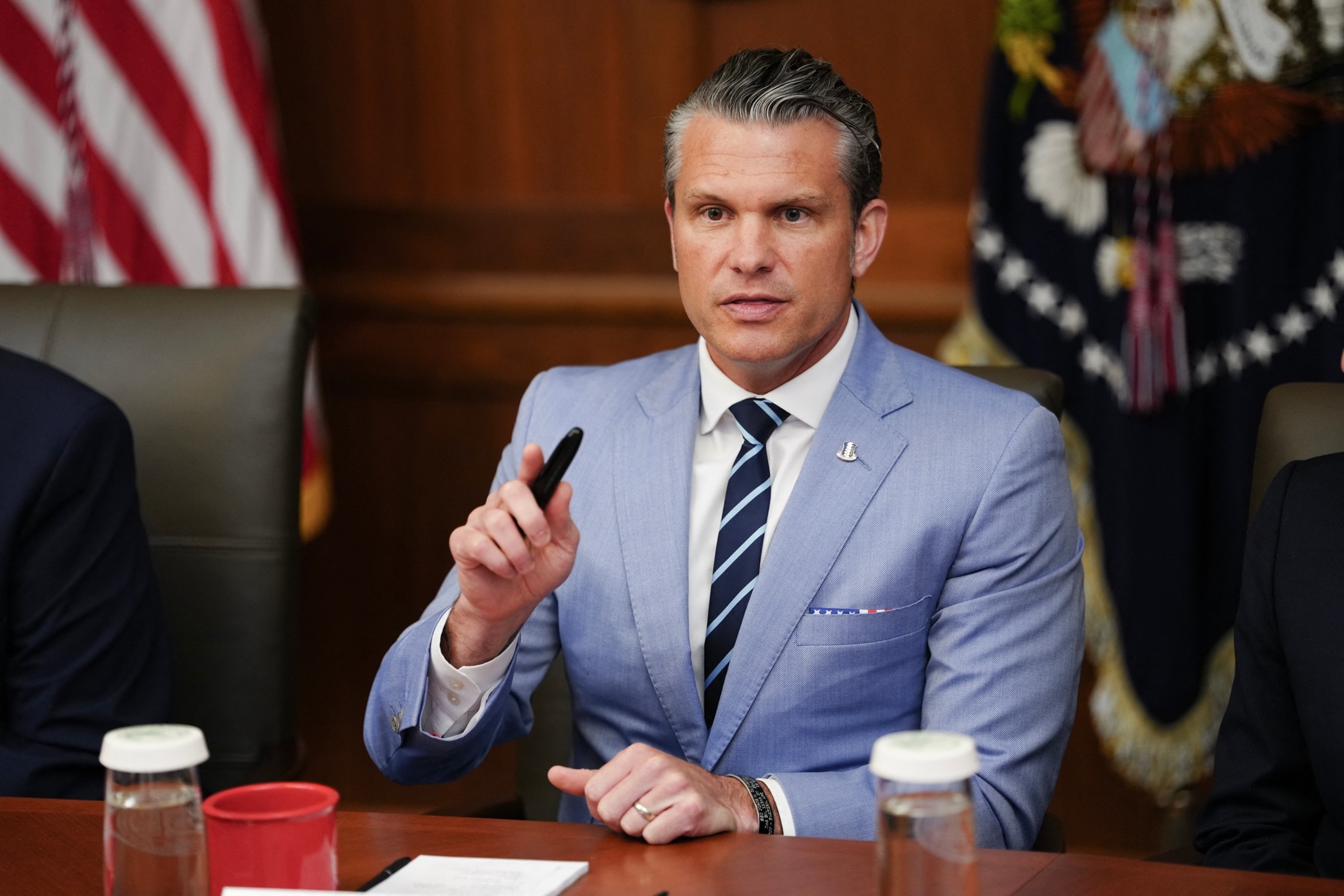 Secretary of Defense Pete Hegseth speaks during a Cabinet meeting hosted by US President Donald Trump at Camp David in Maryland, July 31, 2026.Aaron Schwartz/AFP via Getty Images