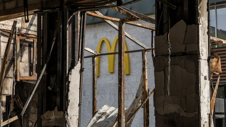 A view of the McDonald's sign through the destroyed shopping mall in the area called Lukianivka often heavily attacked with missiles and drones by Russia in Kyiv, Ukraine on July 10, 2026.Oksana Parafeniuk for NBC News