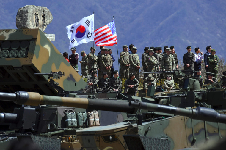 South Korean and US soldiers watching from an observation post during a joint live firing drill between South Korea and the US at the Seungjin Fire Training Field in Pocheon, northeast of Seoul, on April 26, 2017.Jung Yeon-Je / AFP - Getty Images file