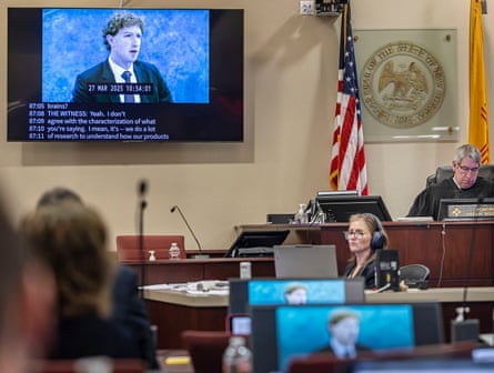 A recording of Mark Zuckerberg’s deposition is played for the jurors on 4 March 2026 in Santa Fe, New Mexico.Photograph: Jim Weber/AP