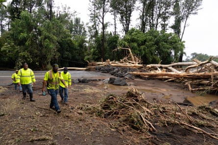 Road crews inspect road damage caused by Hurricane Lala in Pahala, Hawaii, on 16 August 2026.Photograph: Jill K Briggs/AFP/Getty Images
