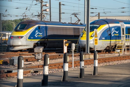 Eurostar trains parked at the Temple Mills maintenance depot in Stratford, east London.Photograph: Bryn Colton/Getty Images