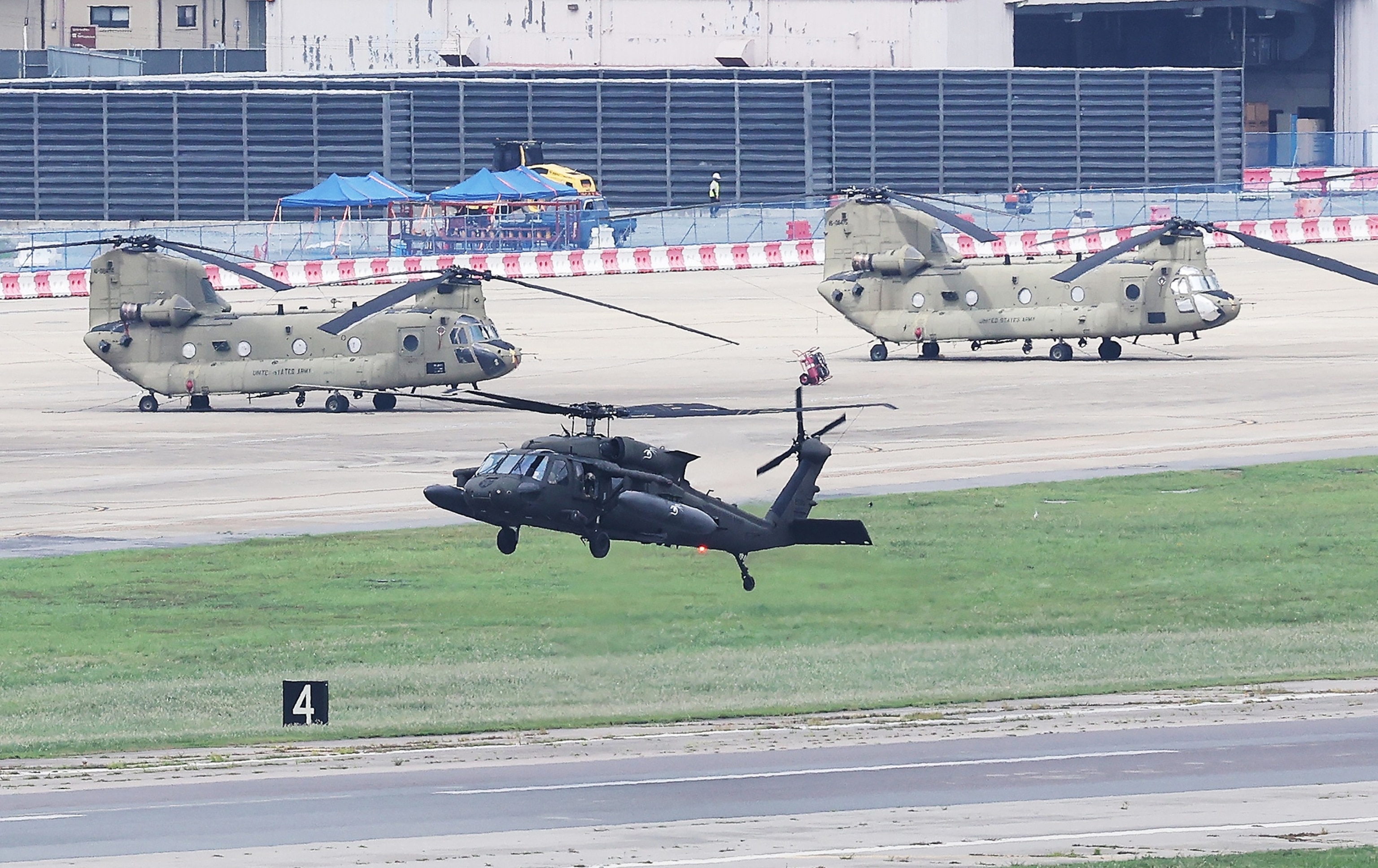 A U.S. Army UH-60 Black Hawk helicopter flies at Camp Humphreys in Pyeongtaek, South Korea, on Aug. 17, 2026.-/YONHAP/AFP via Getty Images