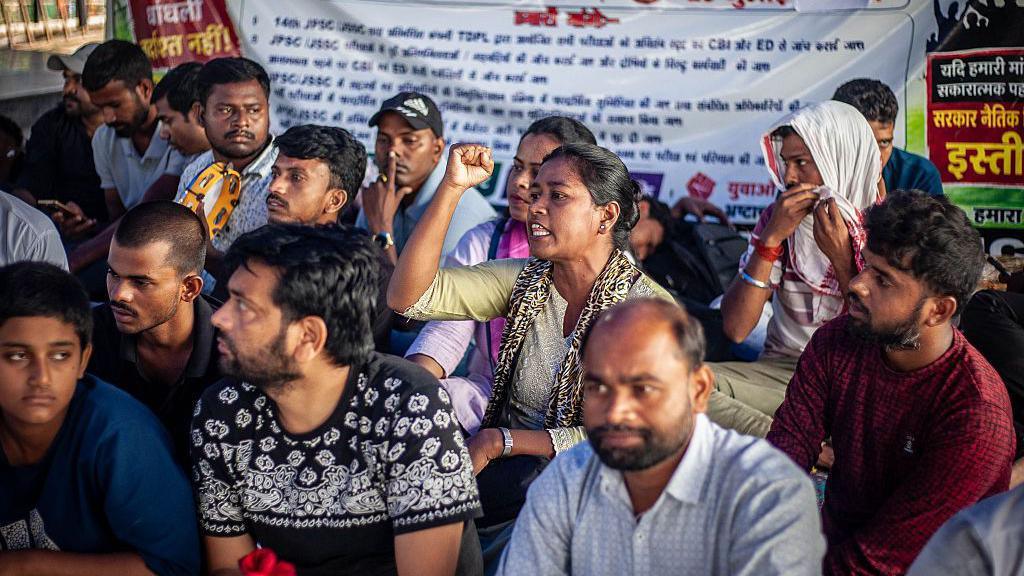 Image caption,Students in Jharkhand have been on a sit-in protest since 25 July