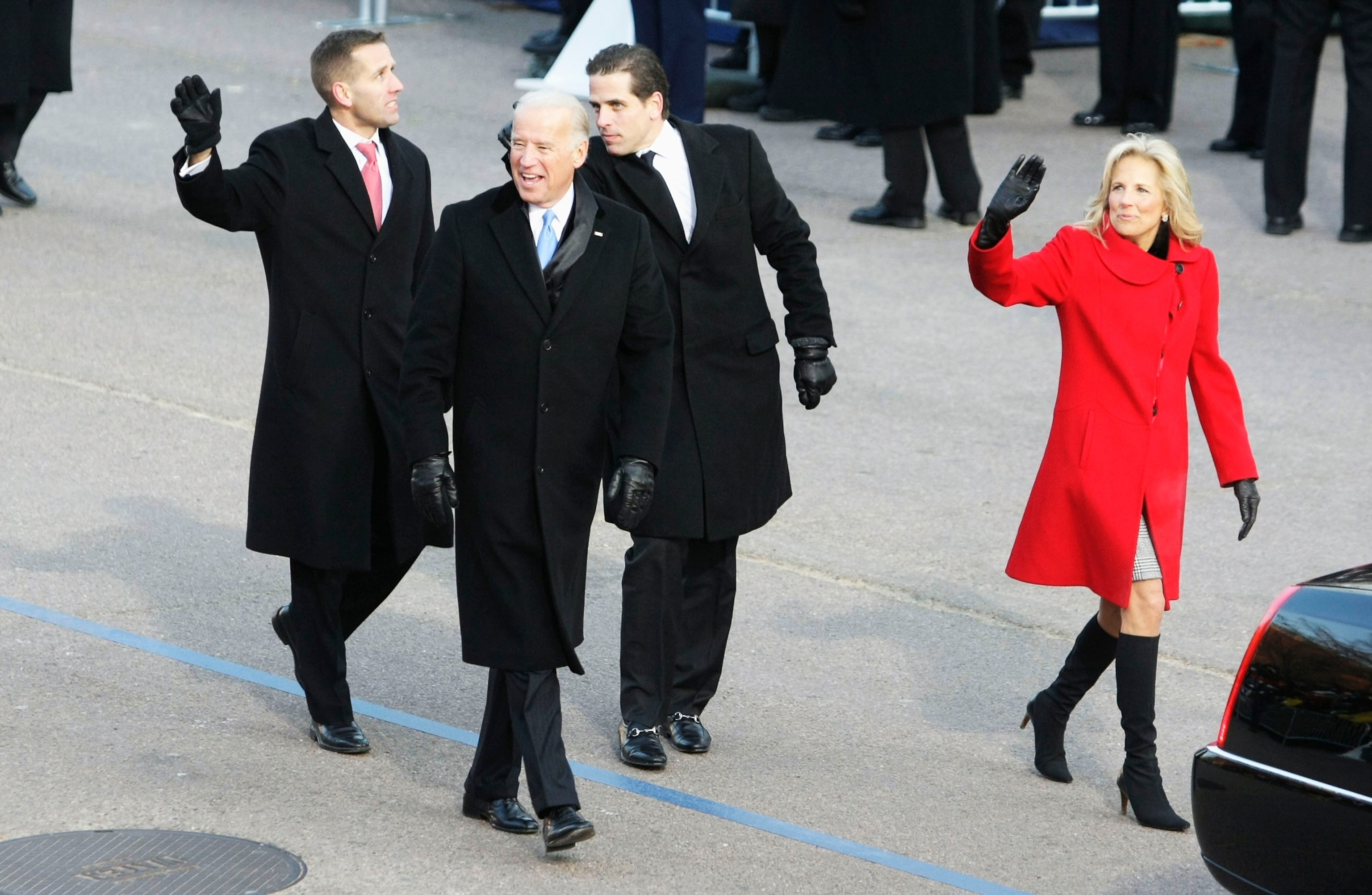 Vice-President Joe Biden arrives with his family, wife Jill, sons Hunter and Beau at the reviewing stand to watch the Inaugural Parade from in front of The White House, Jan. 20, 2009.Alex Wong/Getty Images