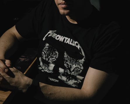 Catman sitting in front of his computer: ‘My goal is to show Russians that if they mobilise in Ukraine they will be killed.’Photograph: Alessio Mamo/The Guardian