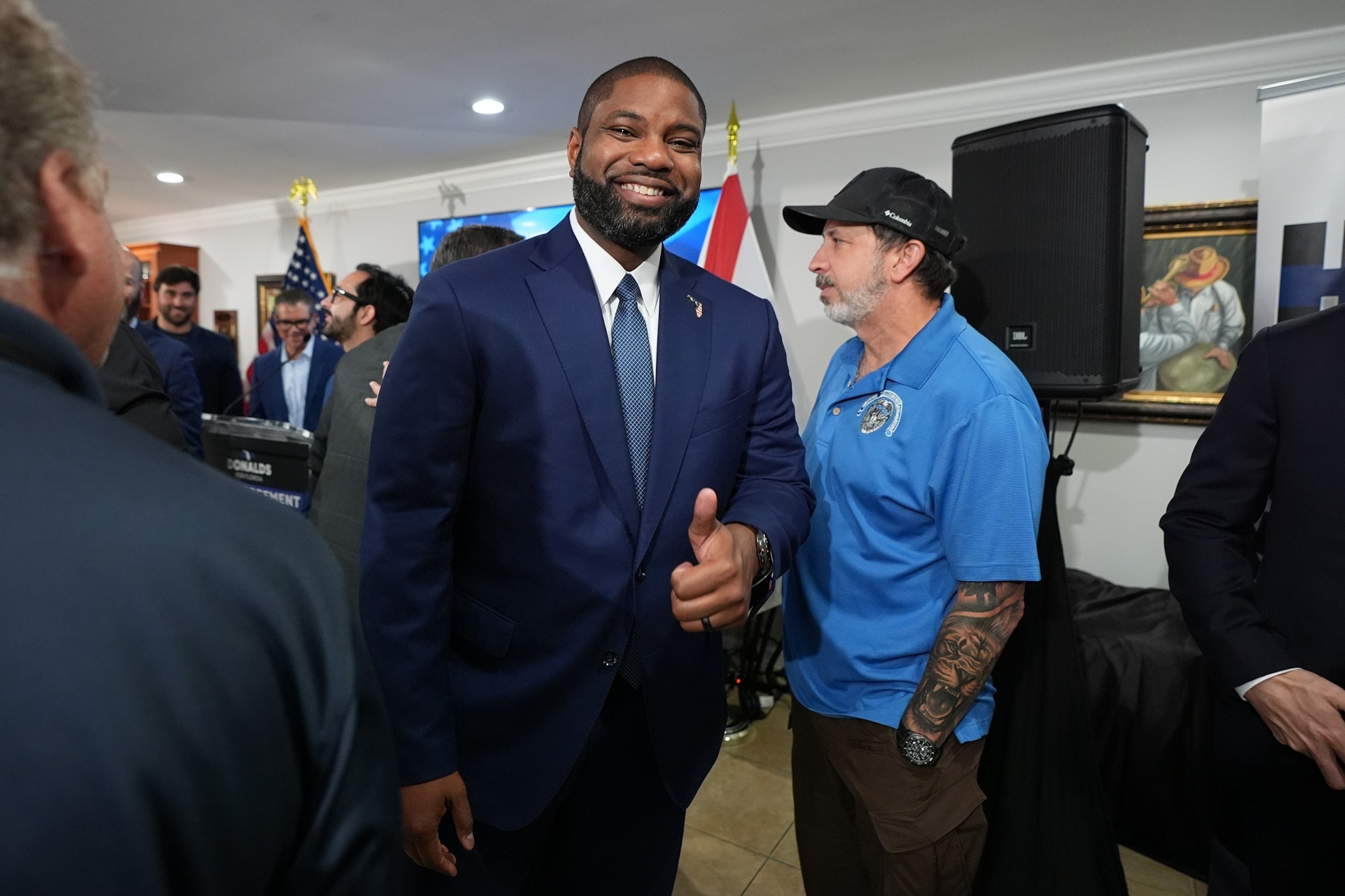 Florida Republican congressman and gubernatorial candidate Byron Donalds gives a thumbs up as he visits the Hispanic Police Officers Association in Doral, Fla., Aug. 6, 2026.Rebecca Blackwell/AP