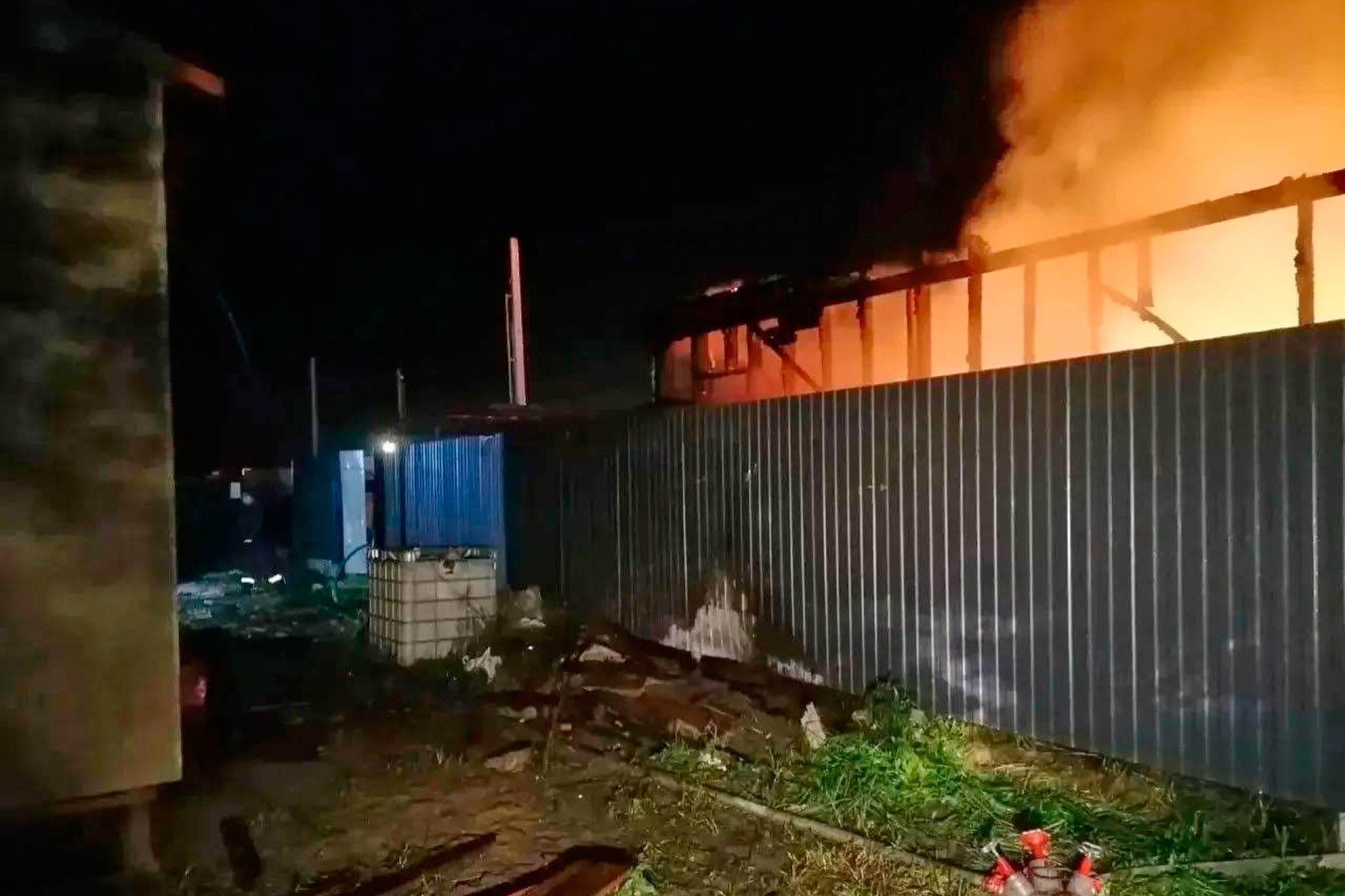 In this photo provided by Moscow's regional Gov. Andrei Vorobyov's official Telegram channel, flames rise from a construction site after a Ukrainian drone attack in an undisclosed area in the Moscow region, Russia, on Aug. 18, 2026.Moscow Region Governor Andrei Vo