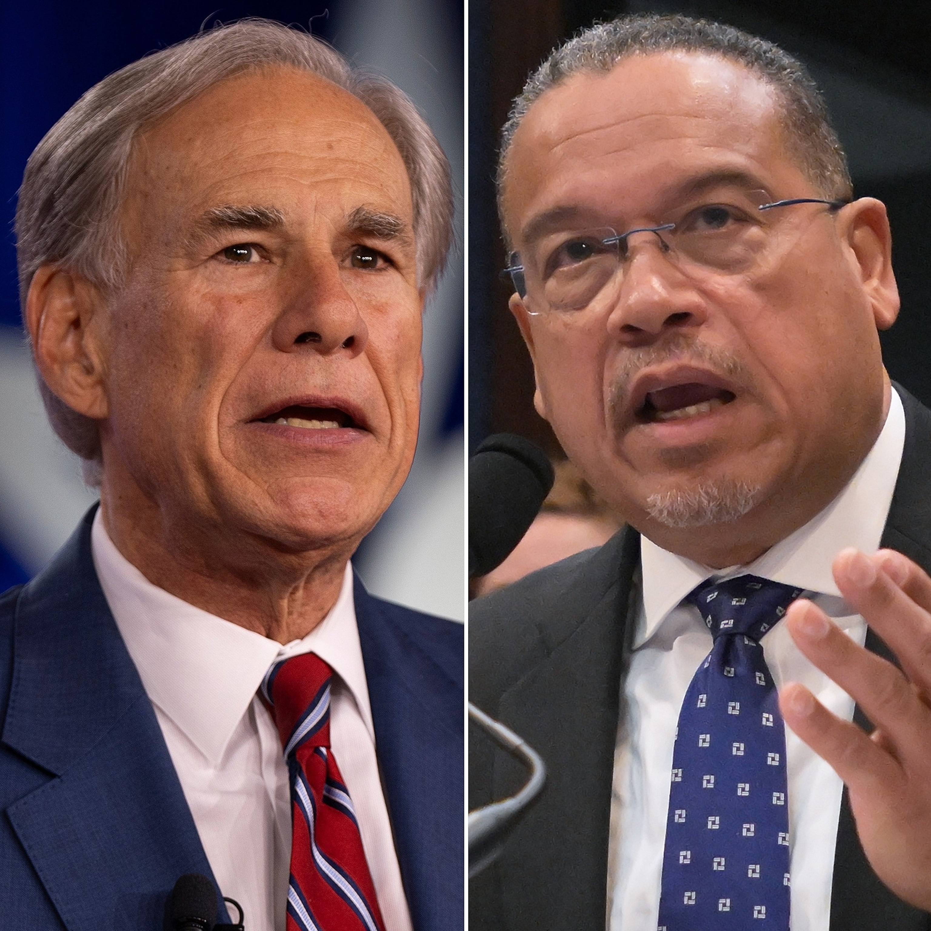 Texas Gov. Greg Abbott in Dallas, March 27, 2026 and Minnesota Attorney General Keith Ellison, March 4, 2026, on Capitol Hill in Washington.AP