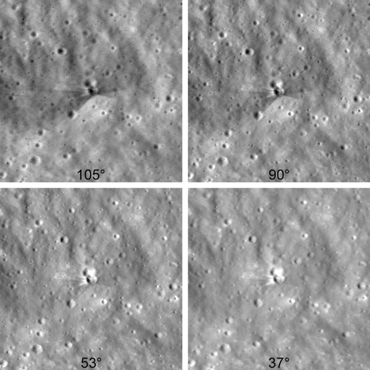 Collected Aug. 11 and 12 by NASA’s Lunar Reconnaissance Orbiter, these images were taken from different angles, with the lighting from the sun gradually changing. Each image shows an area of the moon about 1,000 feet wide.NASA Goddard/Intuitive Machines