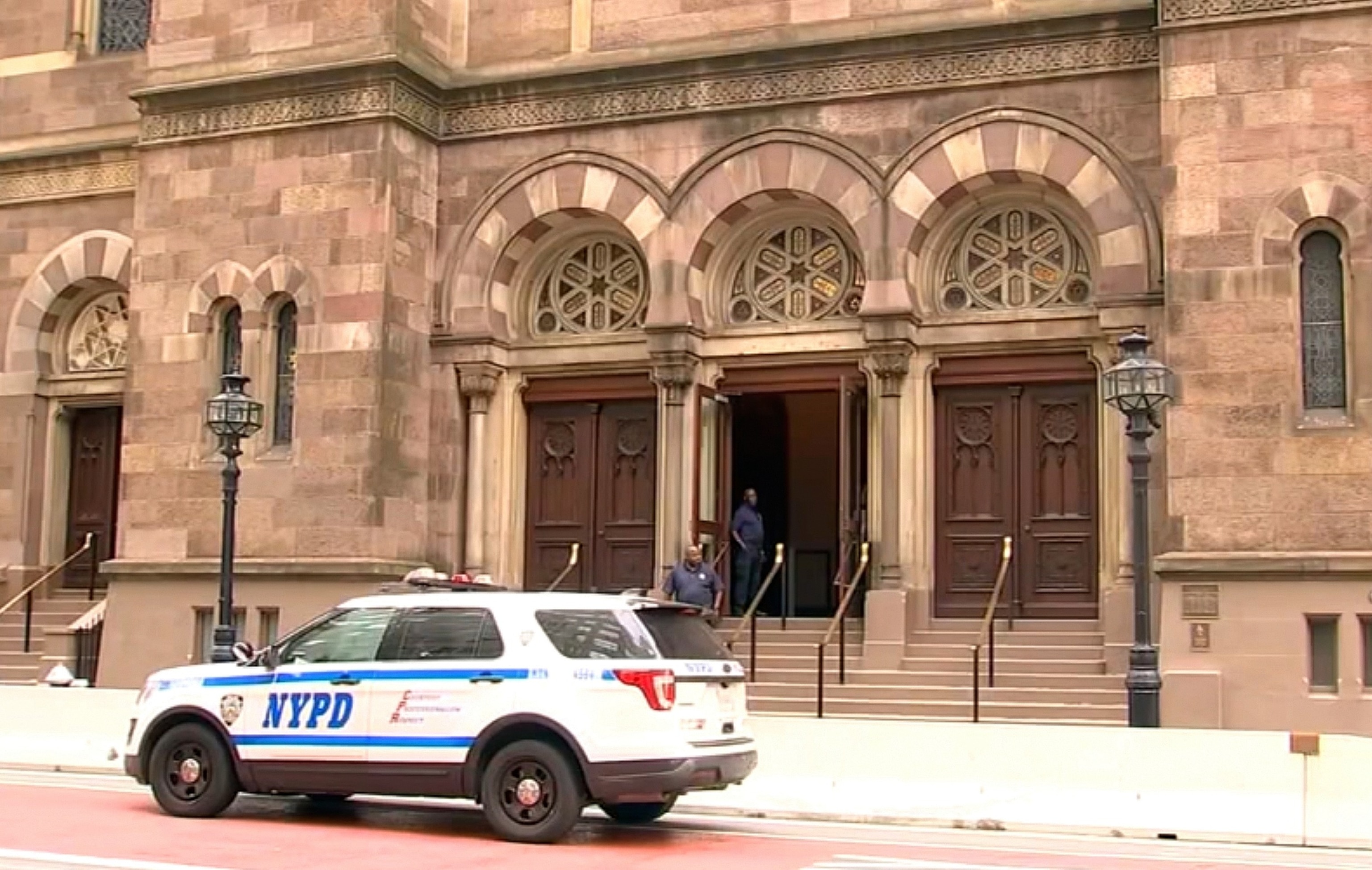 A police car is seen outside Central Synagogue in New York City, Aug. 14, 2026.WABC