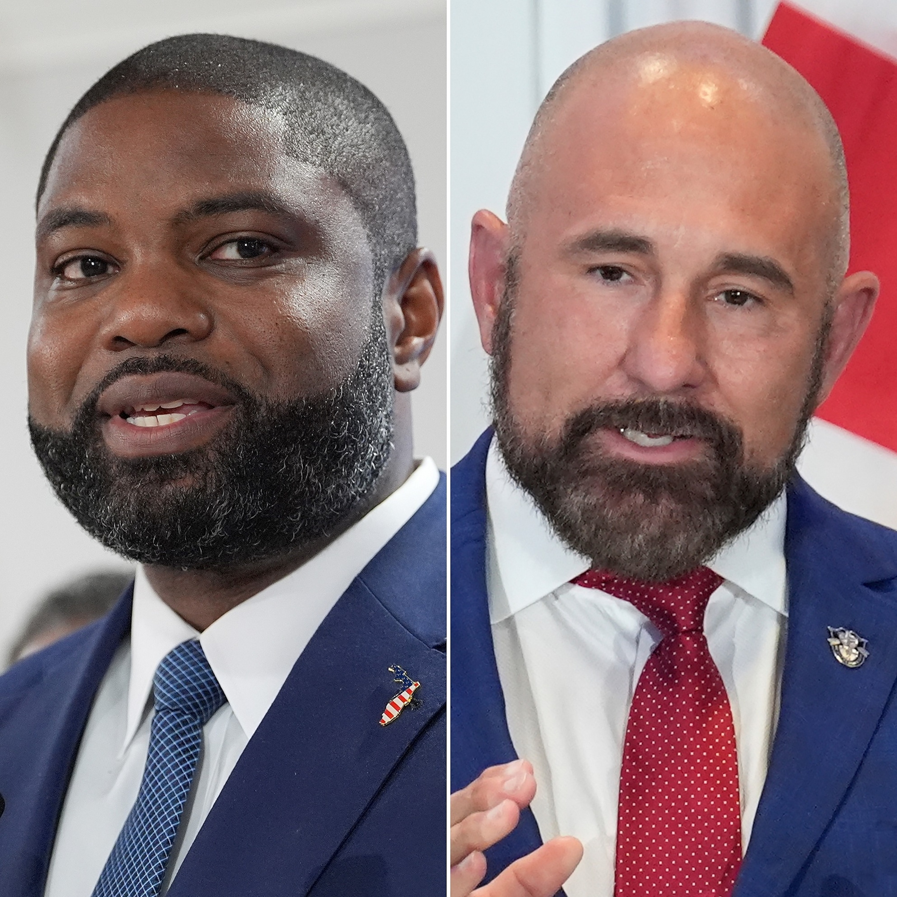 Florida Republican congressman and gubernatorial candidate Byron Donalds in Doral, Fla., Aug. 6, 2026 and Florida Lt. Gov. Jay Collins and gubernatorial candidate in Tampa, Aug. 12, 2025.AP