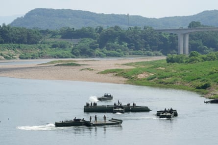 US army soldiers conduct a training exercise on a river in Yeoncheon, South Korea, near the border with North Korea, on Tuesday.Photograph: Ahn Young-joon/AP
