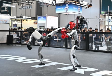 Two Unitree robots in a fighting demonstration at the World Robot Conference in Beijing on Wednesday.Photograph: Adek Berry/AFP/Getty Images